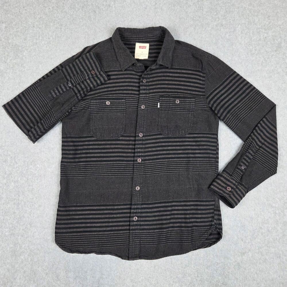 Levi's Mens Medium Black Gray Stripe Long Sleeve Flannel Button Down Shirt - Picture 2 of 13